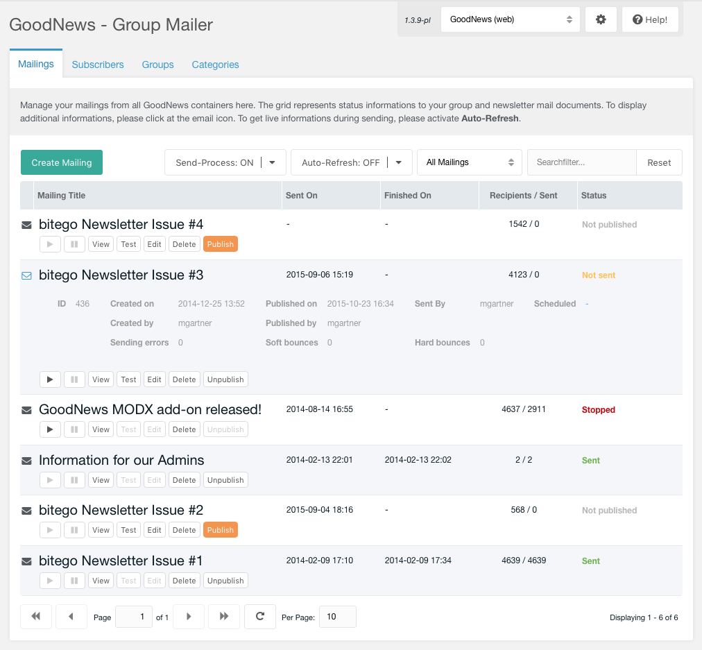 Screenshot: GoodNews Management Interface - Mailings tab